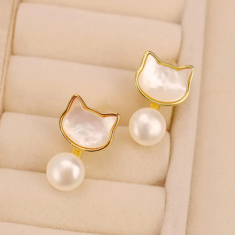 Mythstone 925 Sterling Silver Posts Cute Cat Tridacna Stone Pearl Ring Earrings Necklace Jewelry Set - Image 9