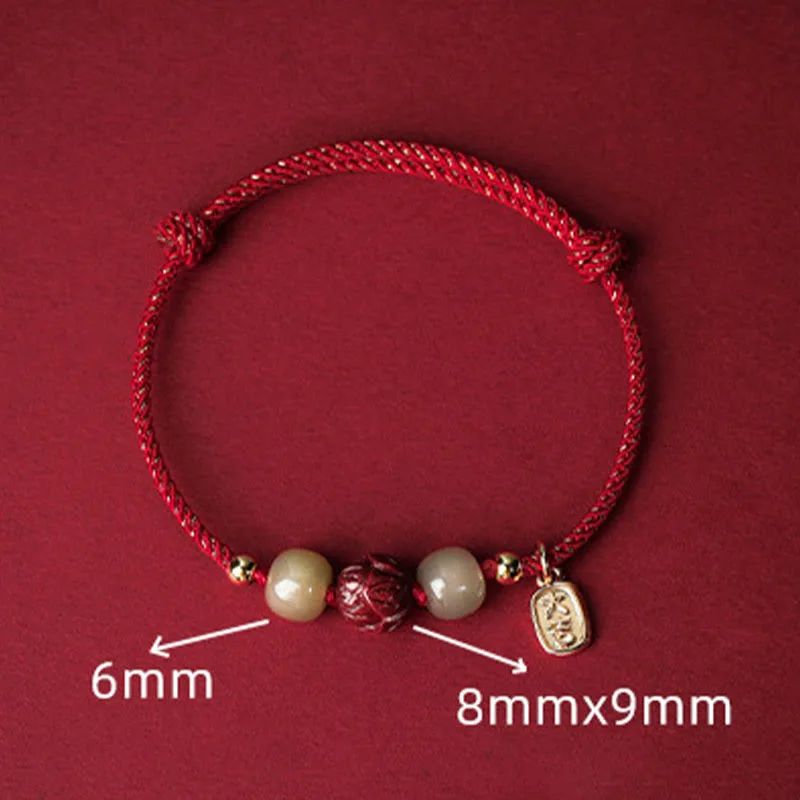 Mythstone 14K Gold Plated Hetian Jade Cinnabar Lotus Luck Handcrafted Rope Bracelet - Image 5