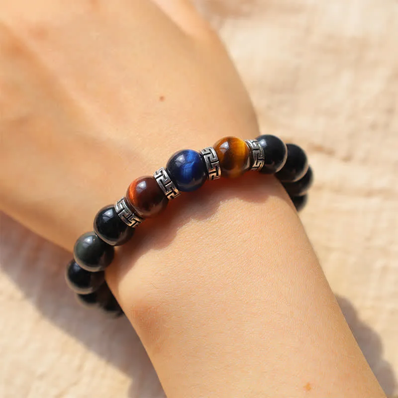 Natural Black Obsidian Tricolor Tiger Eye Strength Bracelet - Image 9