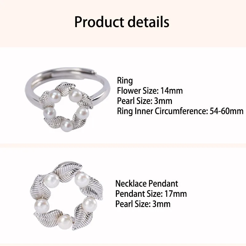 Mythstone 925 Sterling Silver Pearl Leaf Design Healing Wisdom Necklace Pendant Ring Earrings Set - Image 6