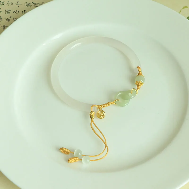 Mythstone 925 Sterling Silver Natural White Agate Hetian Jade Double Peace Buckle Fu Character Bracelet Bangle - Image 7