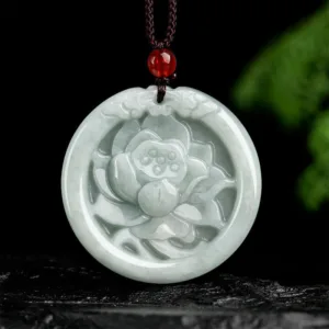 Mythstone Natural Jade Lotus Flower Carved Prosperity Necklace Pendant
