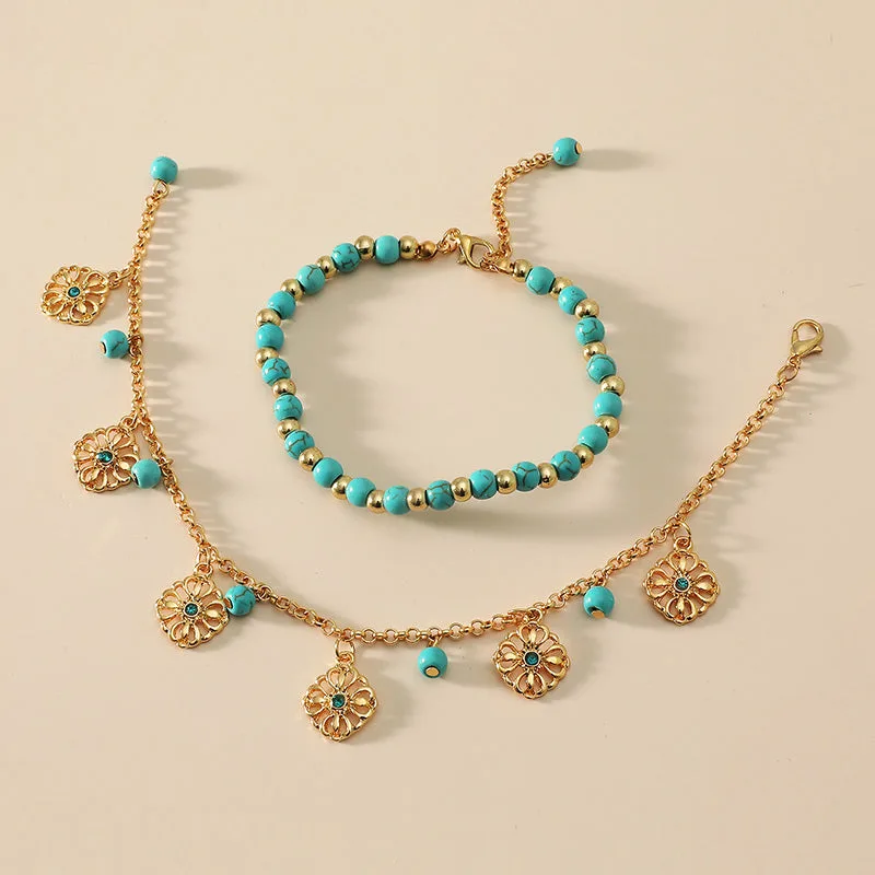 Mythstone 2Pcs Turquoise Stone Flower Protection Bracelet Anklet - Image 6