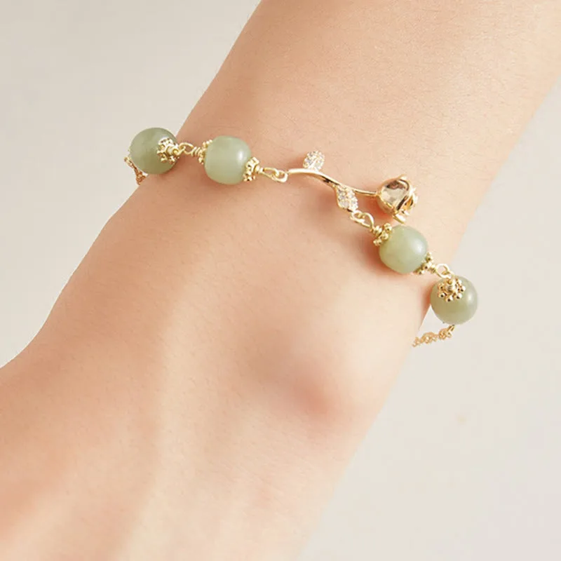 Mythstone 14K Gold Plated Hetian Jade Golden Rose Flower Luck Chain Bracelet - Image 11