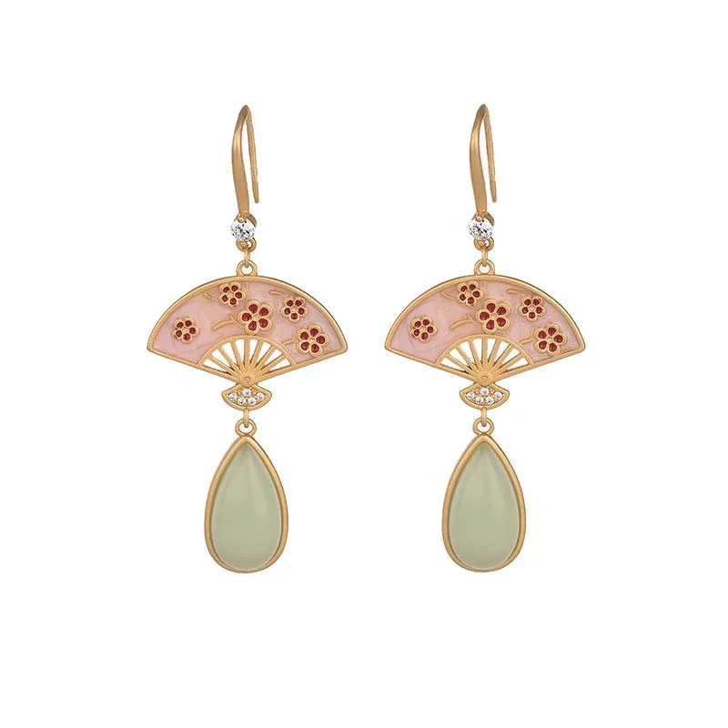 Mythstone Natural Green Aventurine Fan Pattern Luck Drop Earrings - Image 10