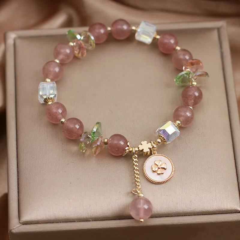 Mythstone Strawberry Quartz Lucky Four Leaf Clover Healing Charm Bracelet - Image 7