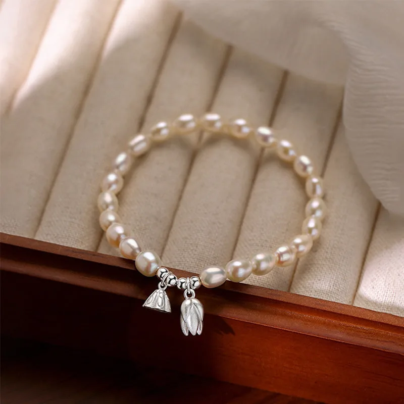 Mythstone 999 Sterling Silver Lotus Flower Pod Natural Pearl Healing Bracelet - Image 3