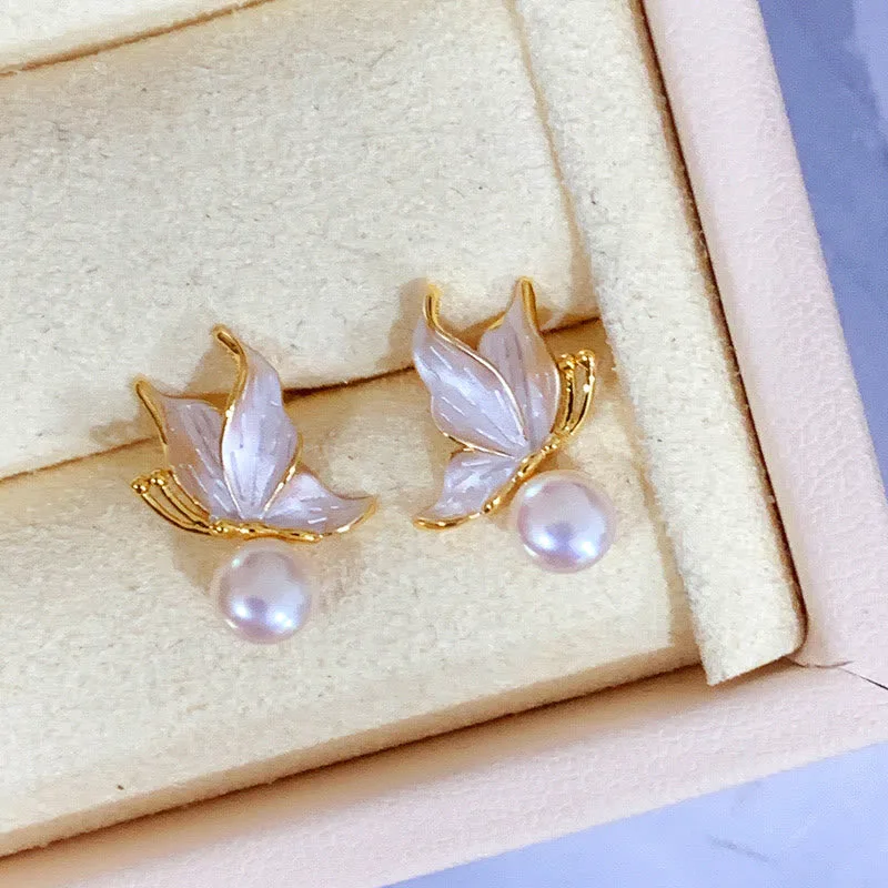Mythstone 925 Sterling Silver Posts Copper Plated Gold Natural Pearl Bead Butterfly Wisdom Stud Earrings - Image 2