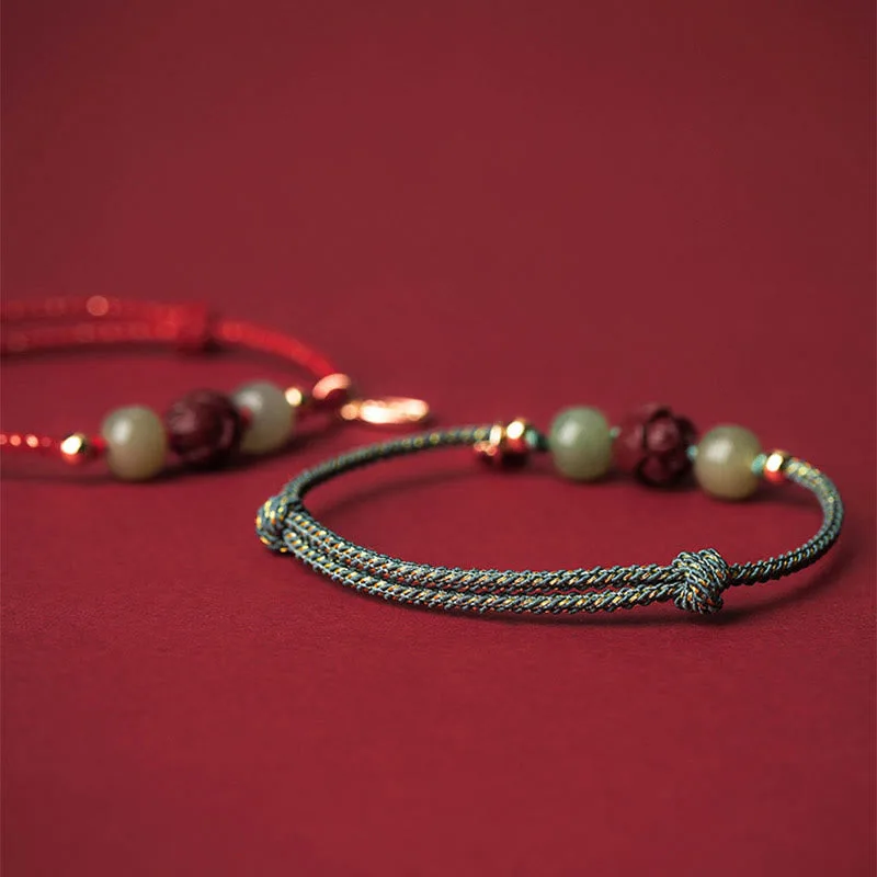 Mythstone 14K Gold Plated Hetian Jade Cinnabar Lotus Luck Handcrafted Rope Bracelet - Image 13