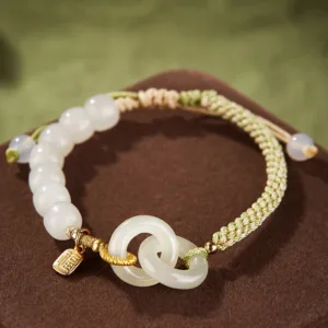 Mythstone Natural Hetian Jade Bead Double Peace Buckle Fu Character Abundance Braided Bracelet