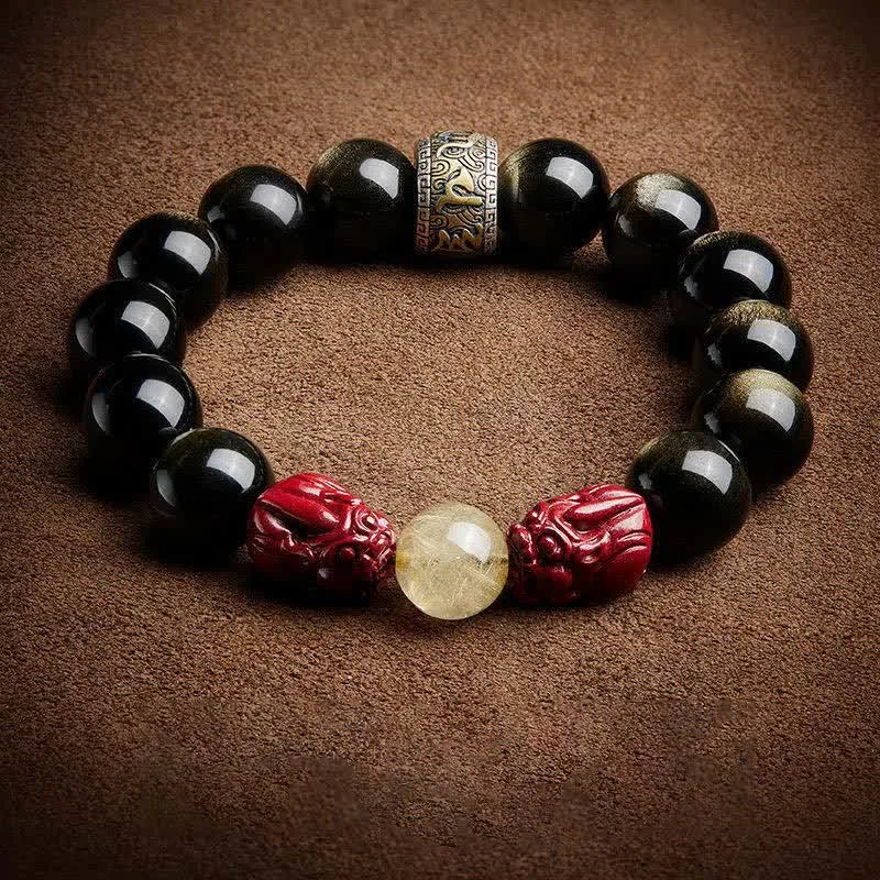 Mythstone Gold Sheen Obsidian PiXiu Cinnabar Om Mani Padme Hum Protection Bracelet - Image 12