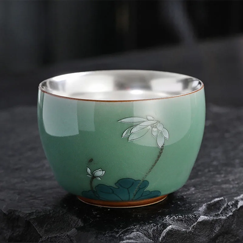 Mythstone - 999 Sterling Silver Gilding Butterfly Goldfish Lotus Koi Fish Ceramic Teacup Kung Fu Tea Cup 120ml - Image 7