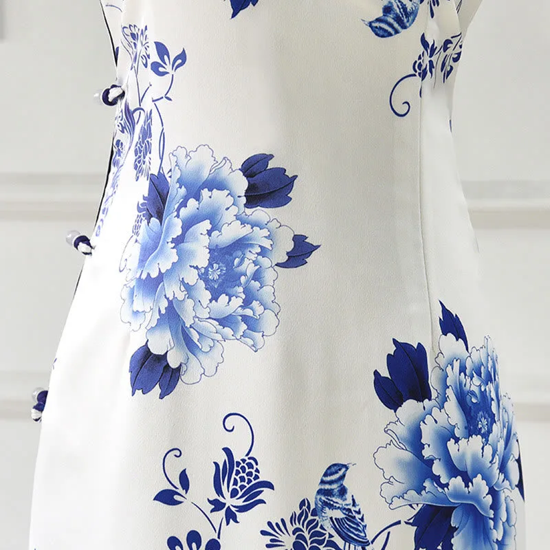 Mythstone Blue And White Porcelain Color Peony Flower Pattern Cheongsam Dress Women's Qipao Dress - Image 5