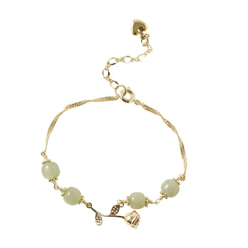 Mythstone 14K Gold Plated Hetian Jade Golden Rose Flower Luck Chain Bracelet - Image 12