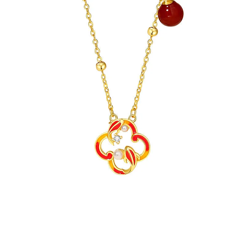 Mythstone - 925 Sterling Silver Four Leaf Clover Koi Fish Red Agate Pearl Wealth Bracelet Necklace Pendant Earrings Set - Image 8