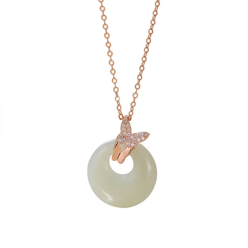 Mythstone 925 Sterling Silver Natural Hetian Jade Zircon Butterfly Luck Necklace Pendant - Image 3
