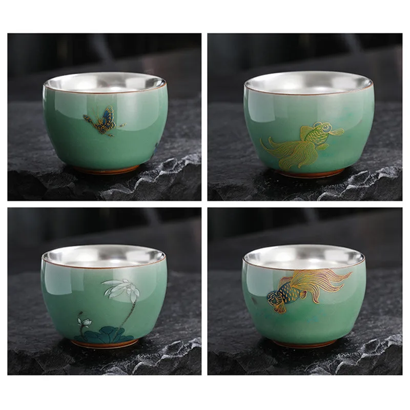 Mythstone - 999 Sterling Silver Gilding Butterfly Goldfish Lotus Koi Fish Ceramic Teacup Kung Fu Tea Cup 120ml - Image 14