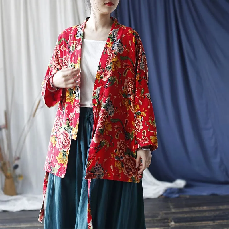 Mythstone Ethnic Style Northeast Red Flower Peony Print Cotton Linen Lace Up Jacket - Image 18
