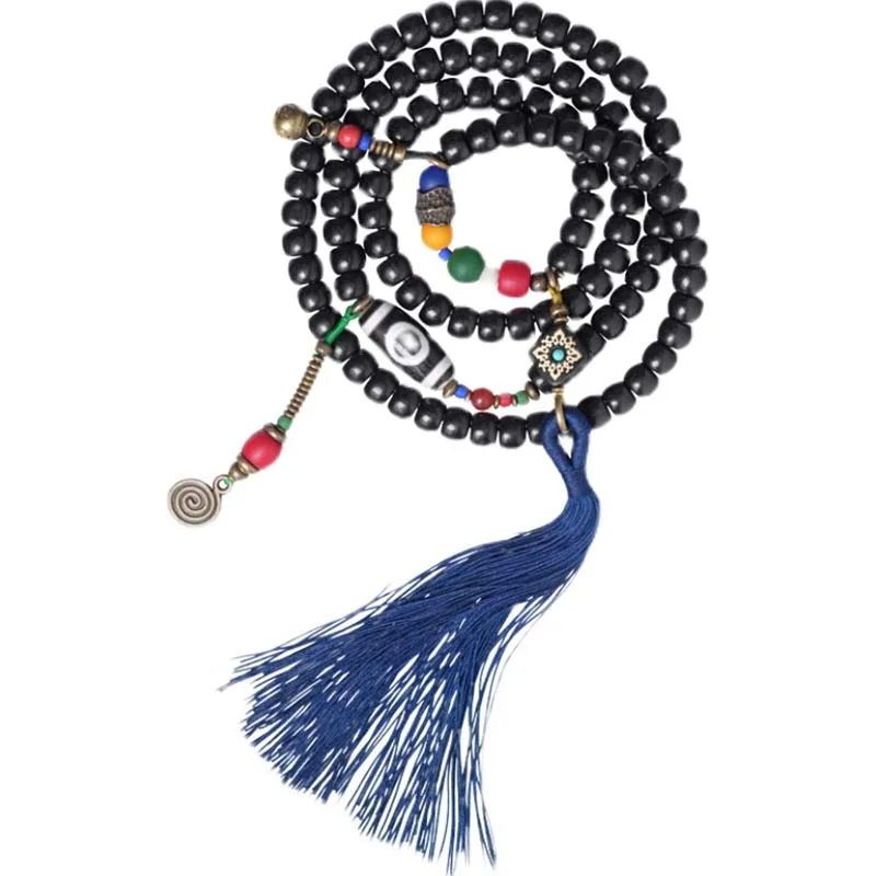 Mythstone 108 Beads Mala Ebony Wood Dzi Bead Copper Balance Tassel Bracelet - Image 13