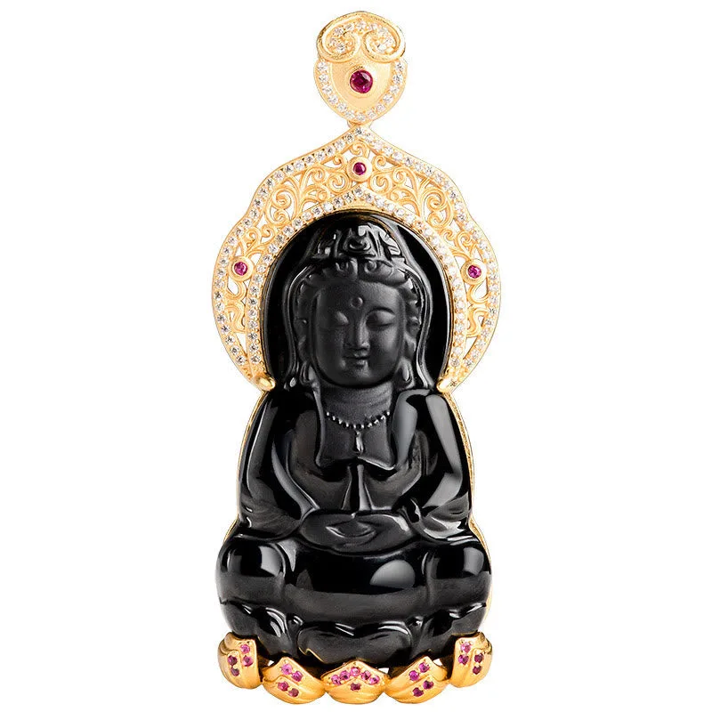 Mythstone 925 Sterling Silver Natural Black Jade Kwan Yin Avalokitesvara Wealth Necklace Pendant - Image 4