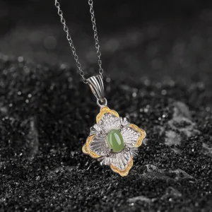 Mythstone 925 Sterling Silver Plated Gold Hetian Cyan Jade Rhombus Design Luck Healing Necklace Pendant