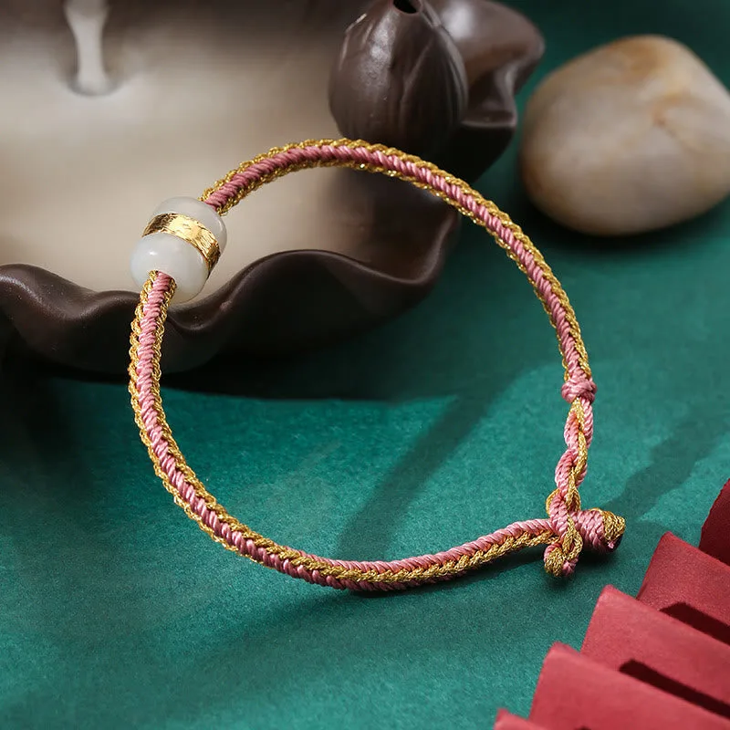 Mythstone 999 Gold Hetian White Jade Om Mani Padme Hum Fu Character Luck Braided Bracelet - Image 15