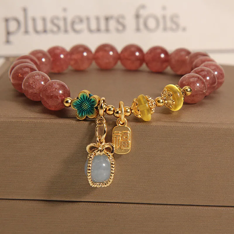 Mythstone Natural Strawberry Quartz Crystal Aquamarine Fortune Brand Love Bracelet - Image 4