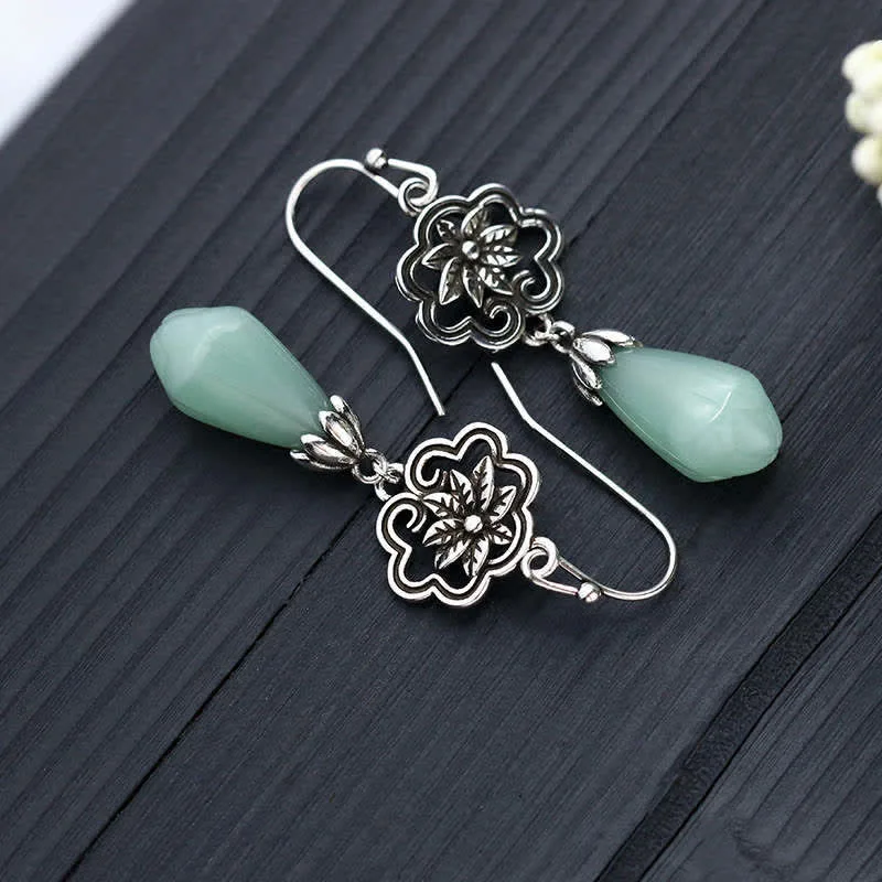 Mythstone Magnolia Flower Jade Water Drop Prosperity Dangle Earrings - Image 4