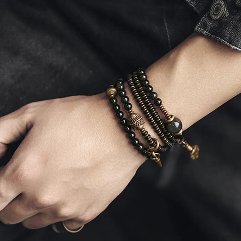 Mythstone Rainbow Obsidian Ebony Wood Copper Positive Multilayer Bracelet - Image 14