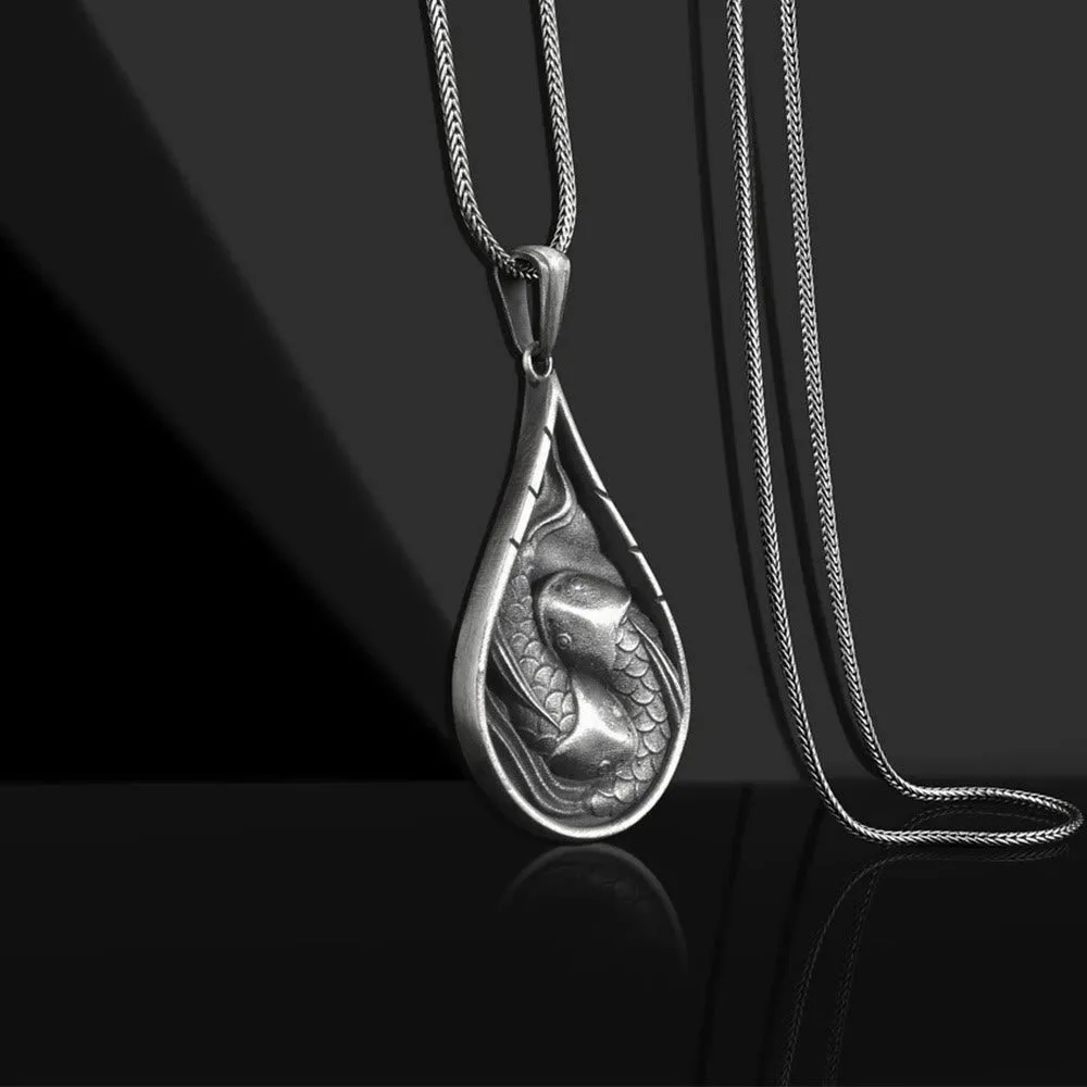 Mythstone - Double Lucky Koi Fish Prosperity Pure Tin Water Drop Pattern Necklace Pendant - Image 2
