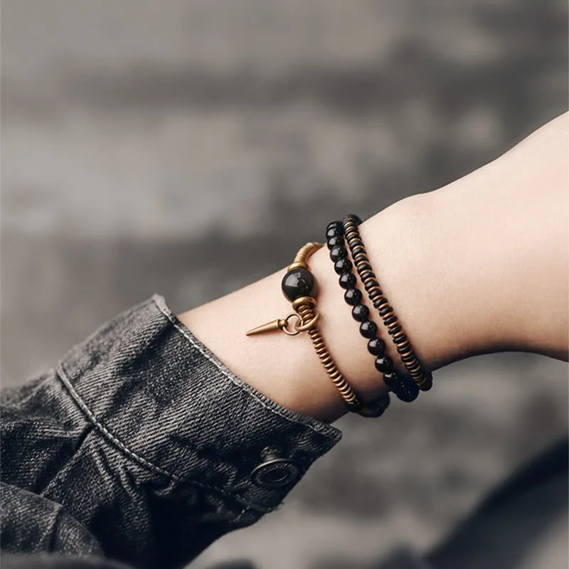 Mythstone Rainbow Obsidian Ebony Wood Copper Healing Triple Wrap Bracelet - Image 7