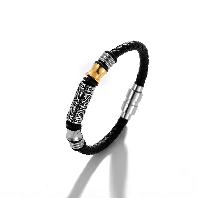 Mythstone Tang Dynasty Flower Design Luck Stainless Steel Buckle Leather Bracelet - Image 7