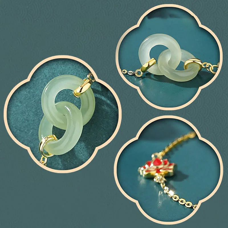 Mythstone 925 Sterling Silver Hetian Jade Double Peace Buckle Lotus Luck Bracelet - Image 6