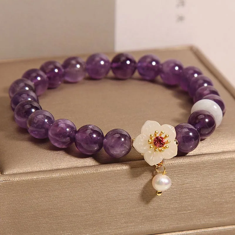 Mythstone Natural Amethyst White Agate Pearl Charm Balance Bracelet - Image 2