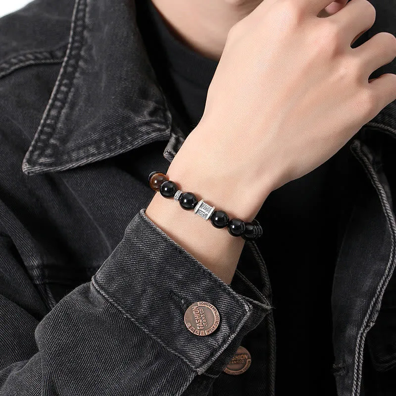 Mythstone 999 Sterling Silver Black Obsidian Tiger Eye Om Mani Padme Hum Fulfillment Bracelet - Image 7