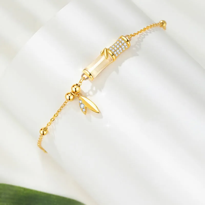 Mythstone 925 Sterling Silver 18K Gold Plated White Jade Bamboo Zircon Leaf Luck Bracelet - Image 3