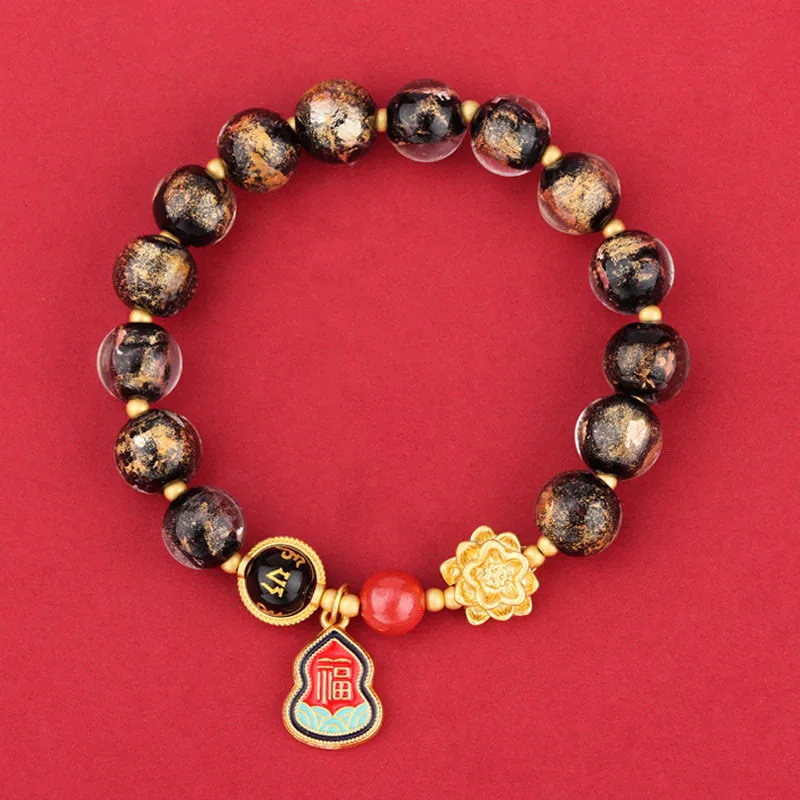 Mythstone Tibet Om Mani Padme Hum Fu Character Gourd Charm Lotus Liuli Glass Bead Luck Bracelet