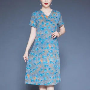 Mythstone V-Neck Tulip Flowers Short Sleeve Midi Dress With Pockets