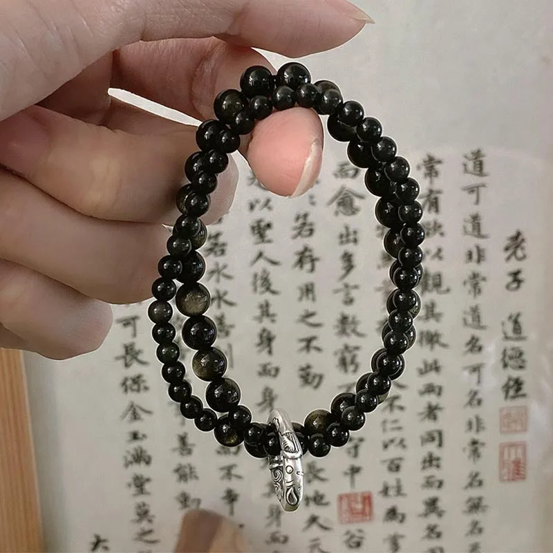 Mythstone 999 Sterling Silver Black Obsidian Fulfillment Strength Double Layer Bracelet - Image 9