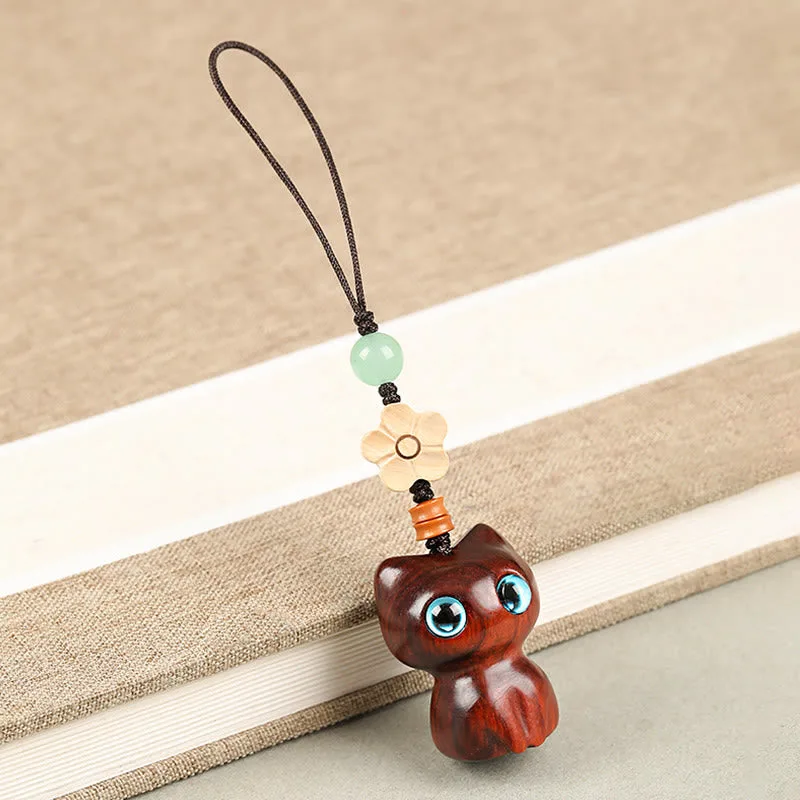 Mythstone Mini Small Leaf Red Sandalwood Ebony Wood Lucky Cat Lovely Kitty Peace Key Chain Phone Hanging Decoration - Image 17
