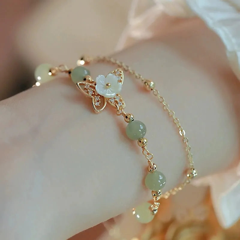 MythStone 14K Gold Plated Jade Butterfly Tridacna Stone Flower Double Layer Luck Bracelet - Image 4