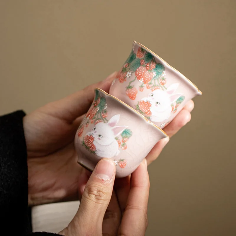 Mythstone Cute Strawberry Rabbit Flower Ceramic Teacup Kung Fu Tea Cup 55ml - Image 14