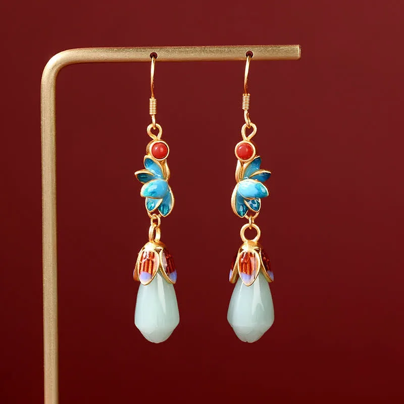 Mythstone Magnolia Flower Jade Pattern Luck Prosperity Drop Dangle Earrings - Image 5