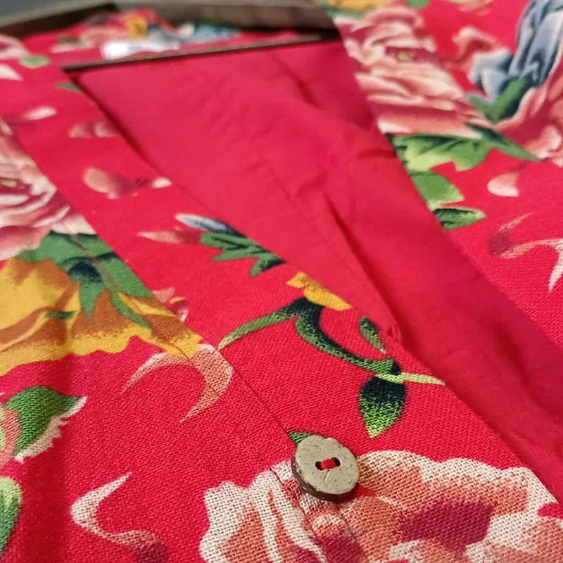 Mythstone Ethnic Style Northeast Red Flower Peony Print Cotton Linen Lace Up Jacket - Image 8