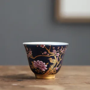 Mythstone Golden Magpie Peony Flower Ceramic Teacup Kung Fu Tea Cup