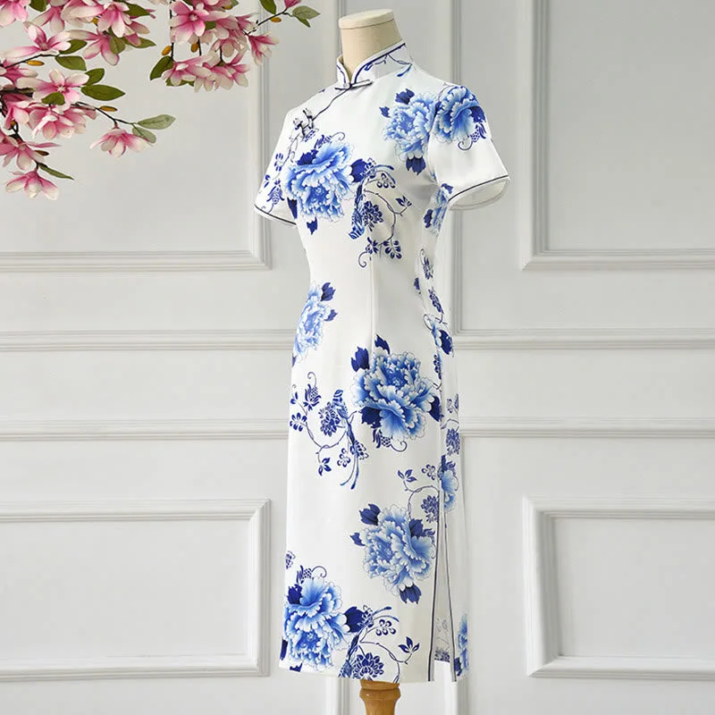 Mythstone Blue And White Porcelain Color Peony Flower Pattern Cheongsam Dress Women's Qipao Dress - Image 3