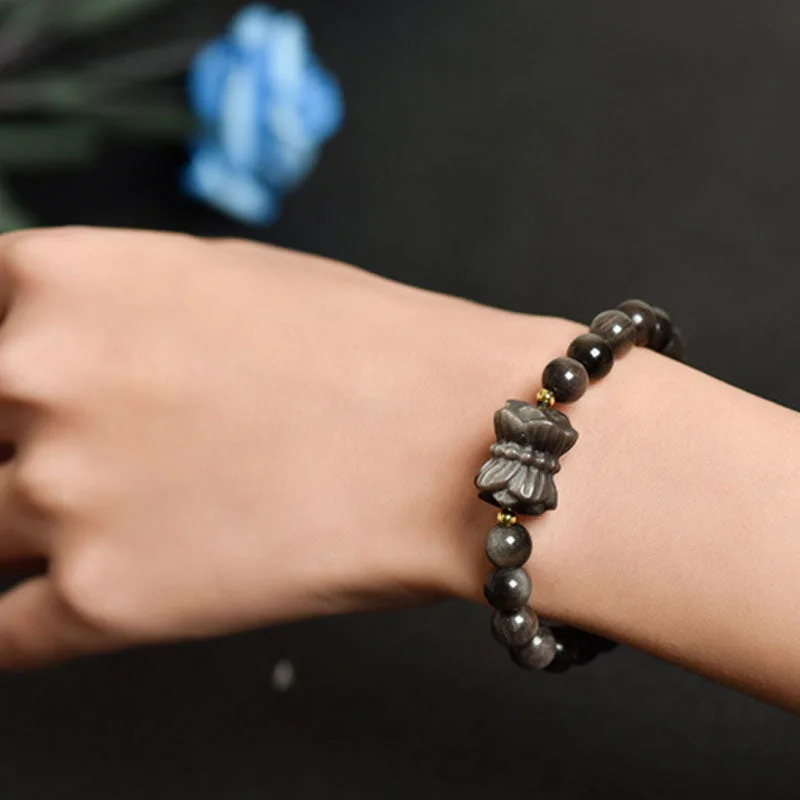 Mythstone Silver Sheen Obsidian Lotus Flower Nine Tailed Fox Laughing Buddha Protection Bracelet - Image 3