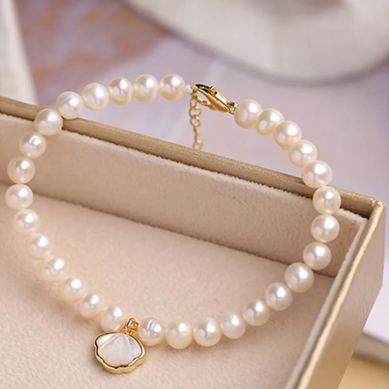Mythstone 14K Gold Plated Natural Pearl Crystal Shell Charm Bead Bracelet - Image 8