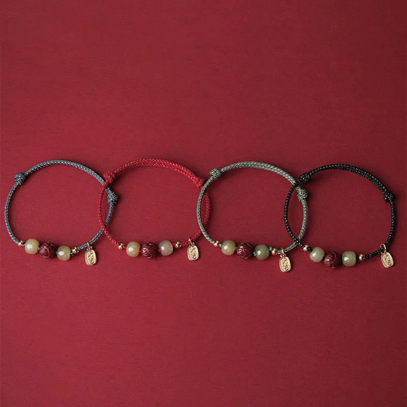 Mythstone 14K Gold Plated Hetian Jade Cinnabar Lotus Luck Handcrafted Rope Bracelet - Image 14