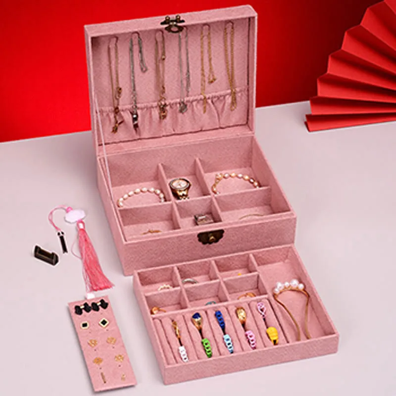 Mythstone Simple Design Jewelry Box Organizer Two-Layer Jewelry Storage Box Flannel Box With Lock - Image 17